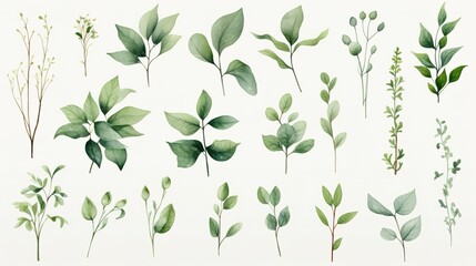 Set of leaves and nature elements painted in watercolor.  Generative AI