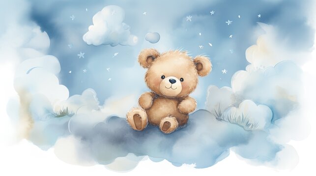 Cute teddy bear sleeps on a cloud, watercolor on a white isolated background. Generative AI