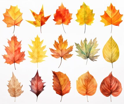autumn leaves painted with watercolors on a white isolated background. Generative AI