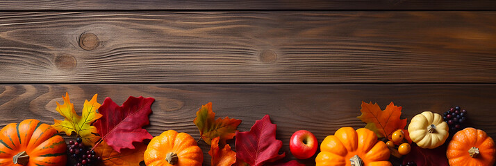Autumn leaves and autumn fruits on tree background with copy space