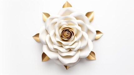 White rose with gold center and gold leaf pattern on a white background.