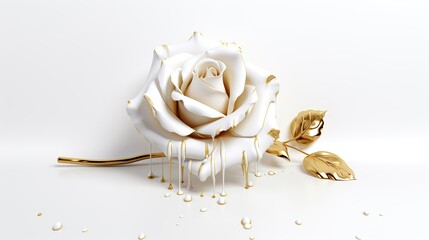 white roses gold leafs and steams melting on white floor and  Valentines day card background