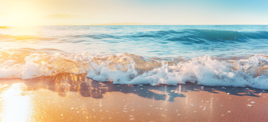 backdrop for vacation and summer mood, coastal strip with water splashes of the sea and tide at sunset. Ai generation
