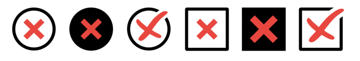 Negative check mark symbol set. Check mark vector icon. Checkmark Illustration. Vector symbols set ,red checkmark isolated on white background. Incorrect vote choise isolated symbol.	