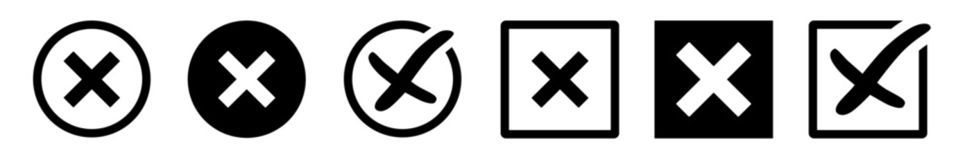 Obraz premium Negative check mark symbol set. Check mark vector icon. Checkmark Illustration. Vector symbols set ,red checkmark isolated on white background. Incorrect vote choise isolated symbol. 