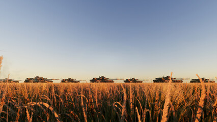 Military convoy of Ukrainian T-84 battle tanks marching through a golden wheat field. 3D rendering illustration Ukraine - Russia conflict concept idea