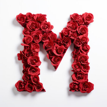 letter M in the shape of red roses, valentines typography letter font illustration, alphabet abc, love text