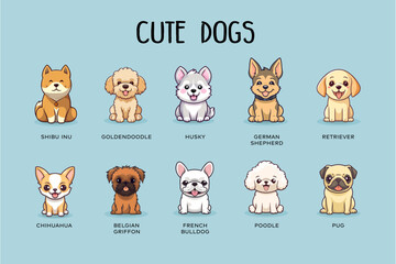 collection of chibi cute dogs flat colourful illustration