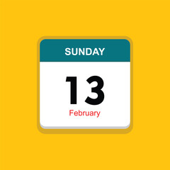 february 13 sunday icon with yellow background, calender icon