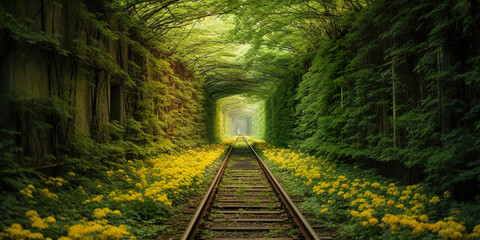 Fototapeta premium A railway in the spring forest tunnel of love. The light at the end of the tunnel. Autumn tunnel of love. Realistic 3D illustration. Generative AI