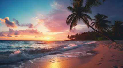 Colored beach with palm trees with sunset light and reflections. Vacation, romance. Ai generation