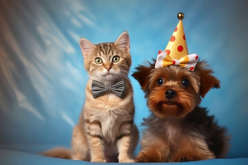 Naklejka premium Cute cat and dog donning funny party clothes, captured in front of a vivid and colorful background, adding a touch of whimsy and cheer to the scene with their delightful outfits.