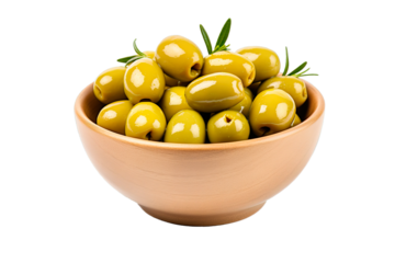 Delicious green olives served on clay pot over isolated white transparent background