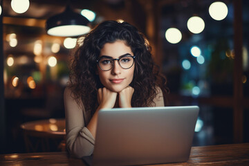 Beautiful young business woman from South America, wavy black hair, wearing glasses. working from his home office and typing on his computer. AI generated image