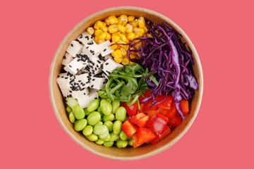 salad with green vegetable soybeans and tofu on a red background for a restaurant website, studio shooting