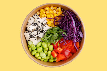 salad with green vegetable soybeans and tofu on a yellow background for a restaurant website, studio shooting 1