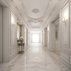 Classic white luxury hallway illustration with white walls. Front view of spacious and bright office hallway. Empty hallway interior. Realistic 3D illustration. Generative AI