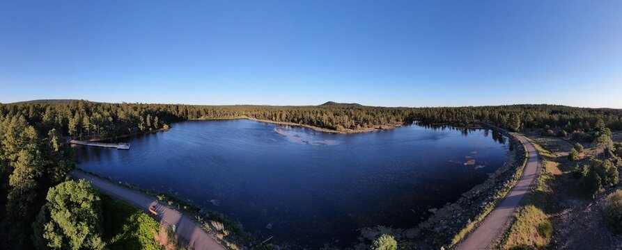 Aerial panoramic view of Woodland Lake in the small town of Pinetop / Lakeside, in Arizona's White Mountains. 