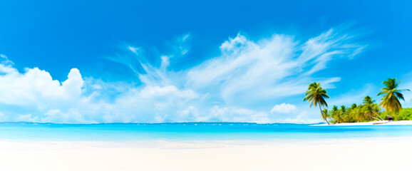 Fototapeta na wymiar Calm summer empty beach. With bright blue water. Vacation, trip, vacation, flight. Ai generation