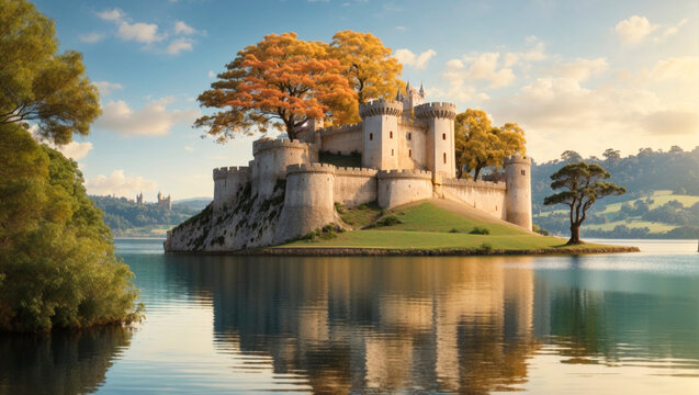 Castelo medieval l&uacute;dico cercado por lago em uma tarde de outono