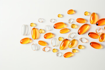 Nutritional supplements in the shape of yellow capsules on a pale backdrop.. Ai generation