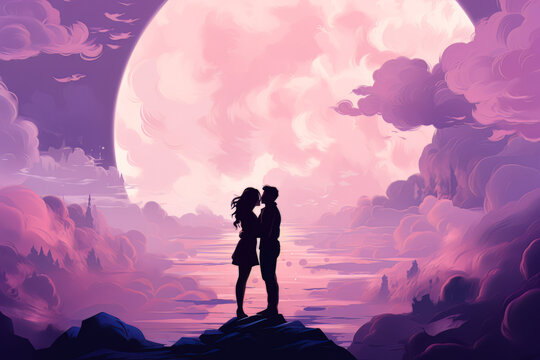 Romantic picture with mountains and clouds, a couple standing on the background of the moon. illustration style. Ai generation