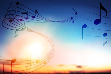 Beautiful musical notes on sunset sky background