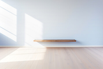 Fototapeta premium Lovely wooden rack in front of an empty wall with lovely sunlight and window frame silhouette.. Ai generation