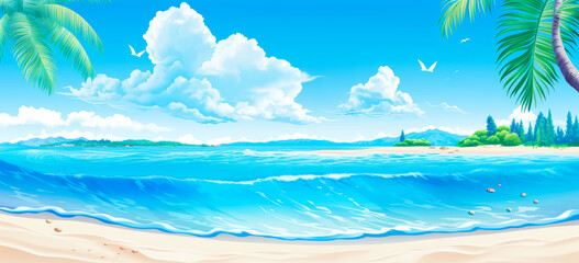 Fototapeta na wymiar Beautiful sunny beach with blue water. illustration style. Ai generation
