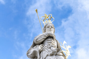 the statue of St. Ursula on the baroque school church of Corpus Christi in Cologne's Kunibertsviertel district