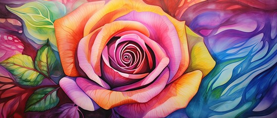 Multi colored rose with green leaves and blue and purplre background. water color painting style