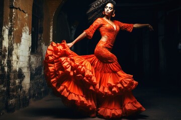An attractive flamenco dancer in an elaborate dress. - obrazy, fototapety, plakaty