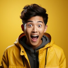 Portrait of a surprised Asian teenage boy with open mouth and big eyes. Closeup face of a shocked Chinese teenager on yellow background looking at camera . Front view of amazed child in yellow jacket.