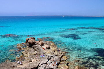 View of "Es calo d'es mort" beach, one of the most beautiful spots in Formentera, Balearic Islands, Spain.