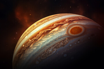 Captivating portrayal of Jupiter and its moons capturing the gas giant's swirling storms in striking detail