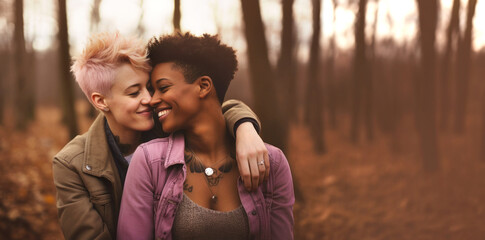 Mixed lesbian couple in love, girlfriends hugging and smiling in nature at sunset, autumn season. Romantic scene between two loving women, female gay tenderness. - obrazy, fototapety, plakaty