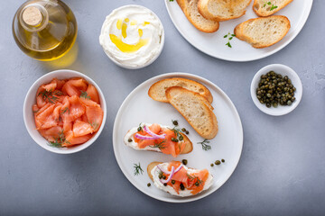 Salmon and cream cheese bruschetta with dill and capers