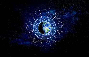 Zodiac wheel with astrological signs and constellations around Earth in open space, illustration