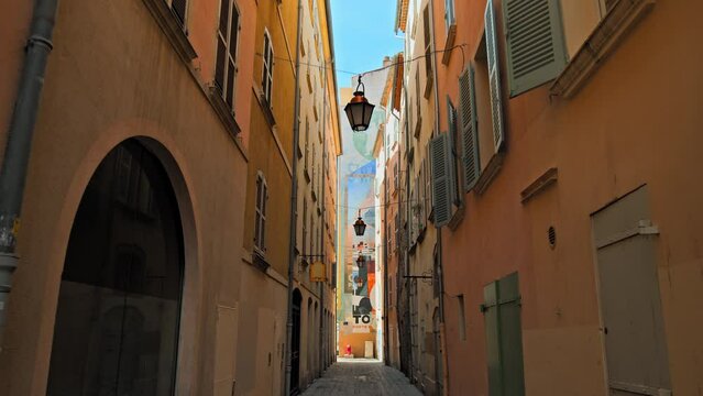 Colorful streets of Toulon, France. Beautiful buildings and colorful houses in the south of France.