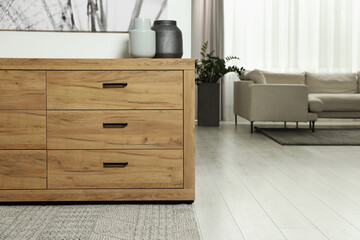 Cozy room interior with chest of drawers, sofa and decor elements, space for text