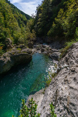 Fototapeta na wymiar clear turquoise stream of rio bellos in Anisclo Canyon in Pyrenees Mountains, Ordesa National Park, Aragon, Huesca, Spain