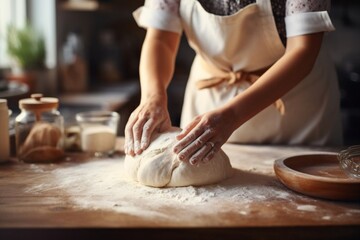 Obraz na płótnie Canvas Generative AI : Making dough by male hands at bakery