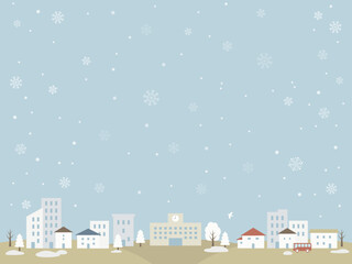 Fototapeta na wymiar 冬の街並みと雪の結晶の背景_ベクターイラスト
