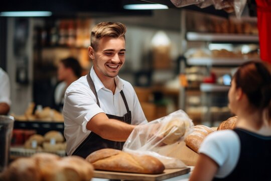 Generative AI : Young man buying bread in supermarket bakery. Focus is on female baker.