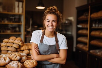 Generative AI : Young woman wearing apron assistant at friendly bakery shop small business crossed arms posing to camera smiling cheerful