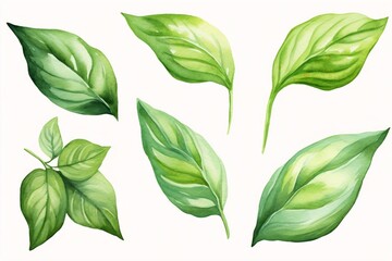Generative AI : Watercolor basil leaves Isolated eco food illustration on white background