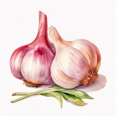 Generative AI : Watercolor painting of garlic on a white background