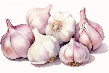 Generative AI : Watercolor painting of garlic on a white background