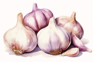 Generative AI : Watercolor painting of garlic on a white background