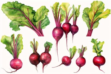 Generative AI : Hand drawn watercolor illustration of red beet with green leaves isolated on the white background in vector.